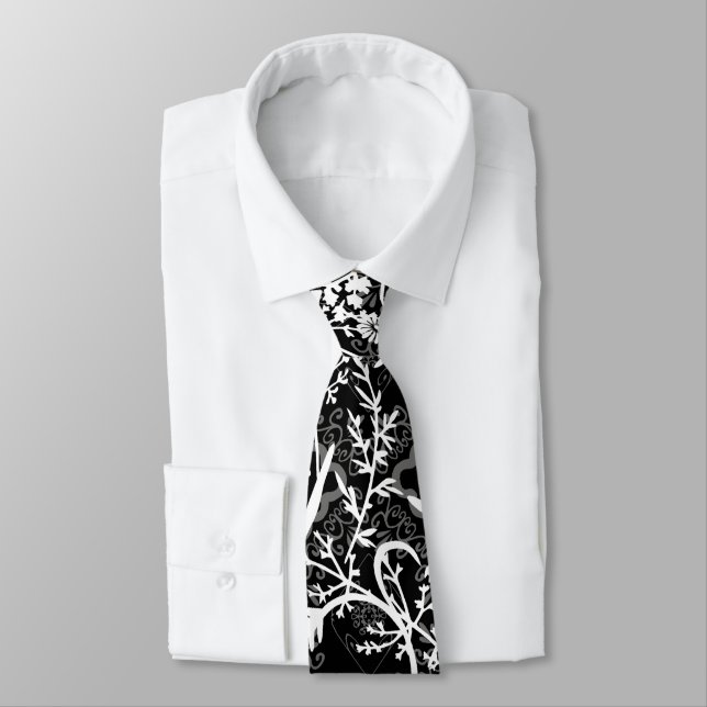 Floral Flower Grayscale Neck Tie (Tied)