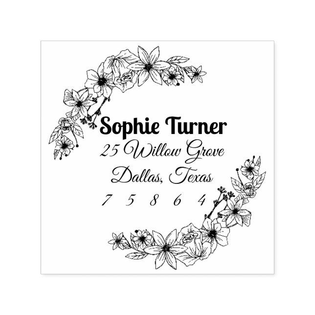 Floral Flower Personalised Doodles Address Stamp (Design)