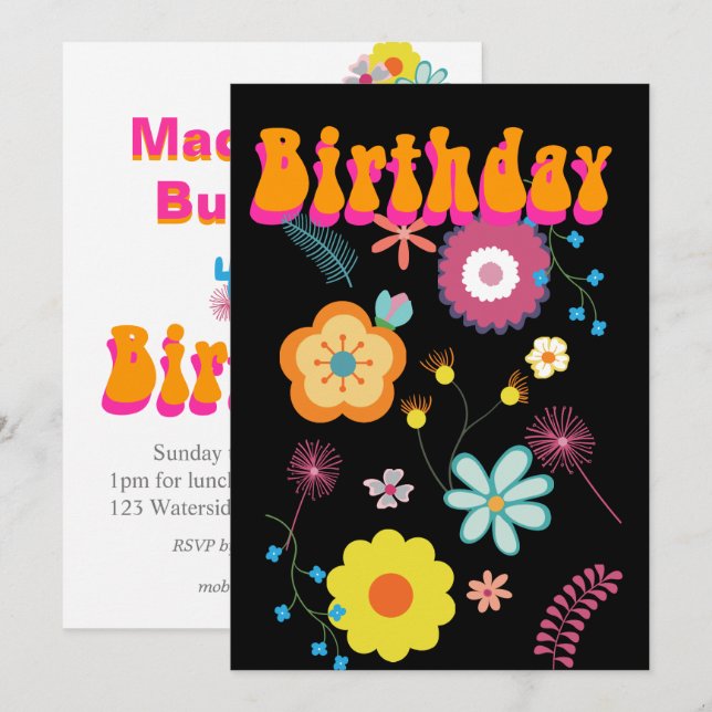 Floral Flower Power Colourful Birthday Invitation (Front/Back)
