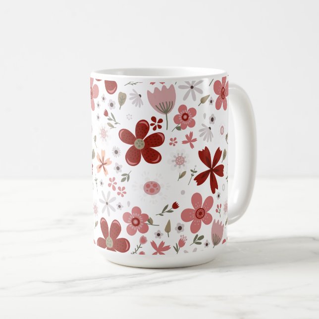 Floral flower Red Pink pattern Coffee Mug (Front Right)