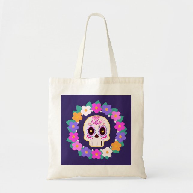 Floral Flower Sugar Skull Tote Bag (Front)