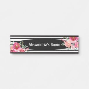 Floral Flowers Black and White Girl's Door Sign