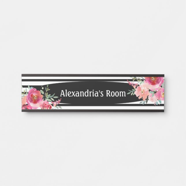 Floral Flowers Black and White Girl's Door Sign (Front)