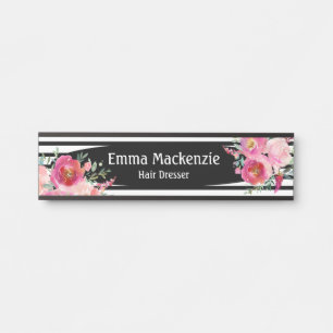 Floral Flowers Black and White Office Door Sign