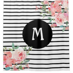 Floral Flowers Black and White  Shower Curtain