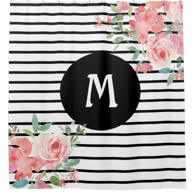 Floral Flowers Black and White  Shower Curtain (Front)
