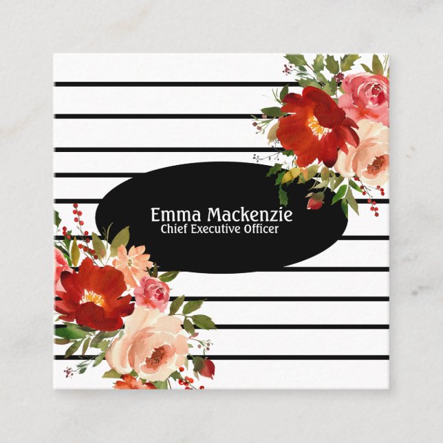 Floral Flowers Black and White  Square Business Card (Front)