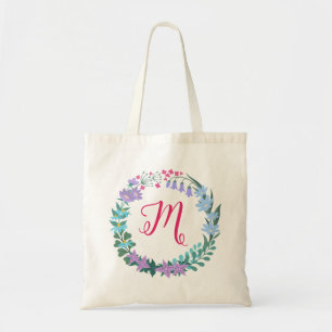 Floral Flowers Bluebells Colorful Wreath Monogram Tote Bag