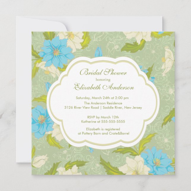 Floral Flowers Bridal Shower Invitation Blue (Front)