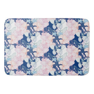 Floral Flowers Foliage Green Pink Shades of Blue Bath Mat