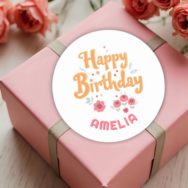 Floral Flowers Happy Birthday Handlettering Classic Round Sticker (Creator Uploaded)