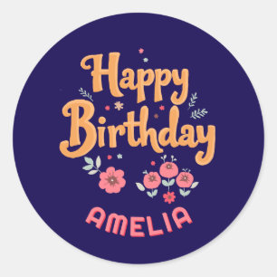 Floral Flowers Happy Birthday Handlettering Classic Round Sticker