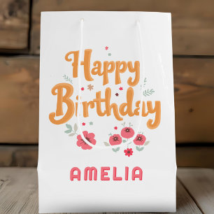 Floral Flowers Happy Birthday Handlettering Medium Gift Bag