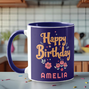 Floral Flowers Happy Birthday Handlettering Mug