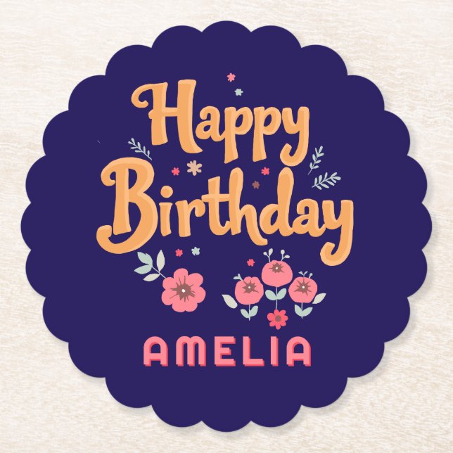 Floral Flowers Happy Birthday Handlettering Paper Coaster (Front)