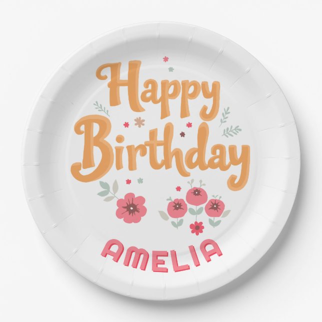 Floral Flowers Happy Birthday Handlettering Paper Plate (Front)