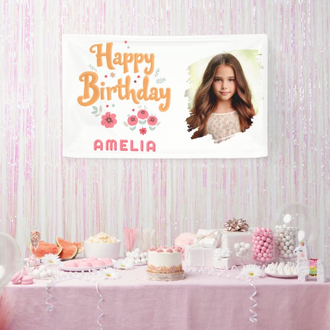 Floral Flowers Happy Birthday Handlettering Photo  Banner (Party)