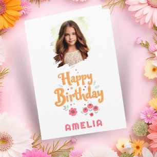 Floral Flowers Happy Birthday Handlettering Photo  Card
