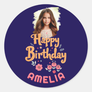 Floral Flowers Happy Birthday Handlettering Photo  Classic Round Sticker