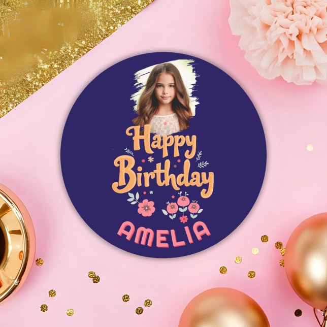Floral Flowers Happy Birthday Handlettering Photo  Classic Round Sticker (Creator Uploaded)