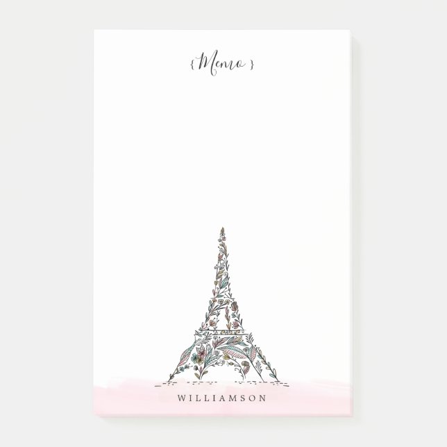 Floral Flowers Paris Eiffel Tower Personalised Post-it Notes (Front)