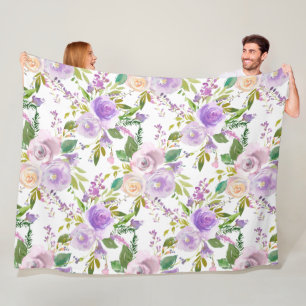 *~* Floral Flowers Pattern Print Lavender White  Fleece Blanket