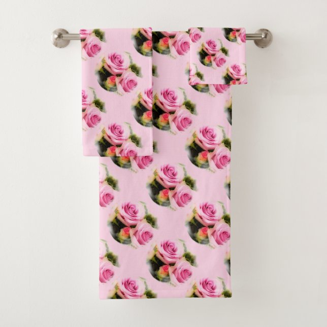 Floral Flowers Pink Roses Modern Elegant Template Bath Towel Set (Insitu)