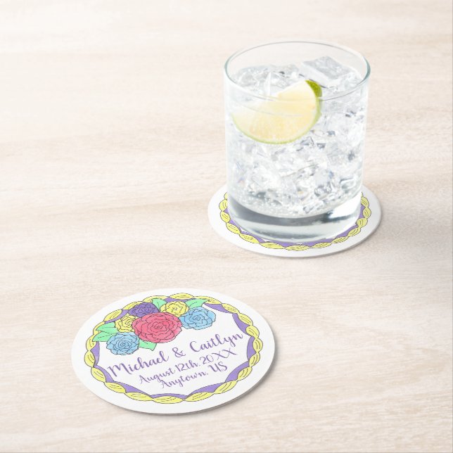 Floral Flowers Roses Bridal Shower Wedding Cake Round Paper Coaster (Insitu)