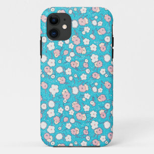 Floral Flowers Vintage Look in Turquoise Blue iPhone 11 Case