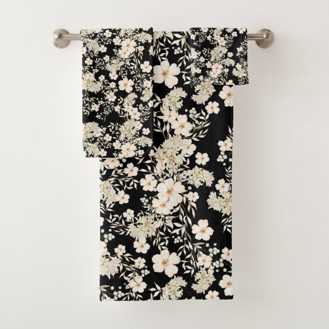 Floral Flowers Wildflowers Leaves Black Background Bath Towel Set (Insitu)