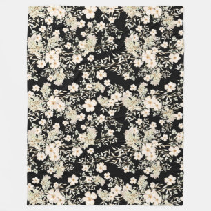Floral Flowers Wildflowers Leaves Black Background Fleece Blanket