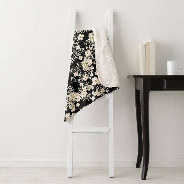 Floral Flowers Wildflowers Leaves Black Background Sherpa Blanket (In Situ)
