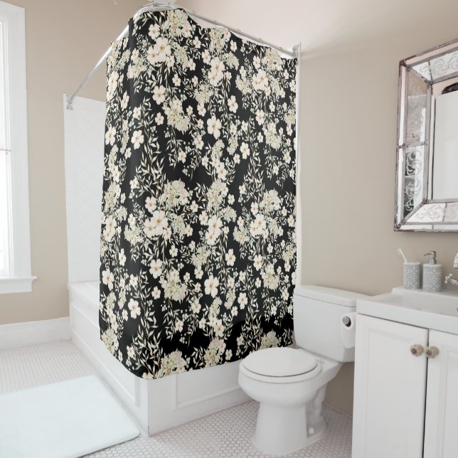 Floral Flowers Wildflowers Leaves Black Background Shower Curtain (In Situ)