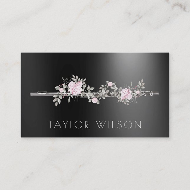 floral flute on black teacher business card (Front)