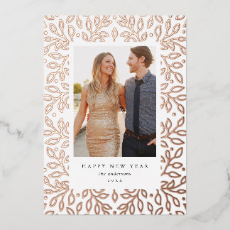 Floral Foil Happy New Year Holiday Photo Card