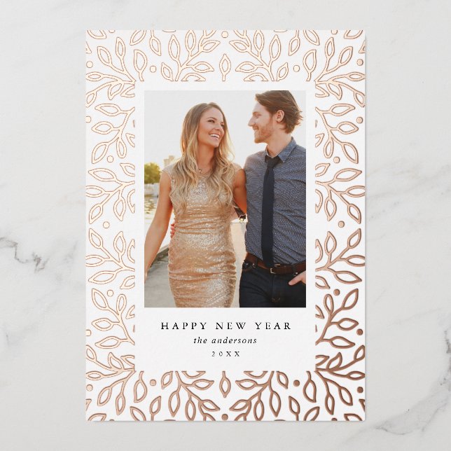 Floral Foil Happy New Year Holiday Photo Card (Front)