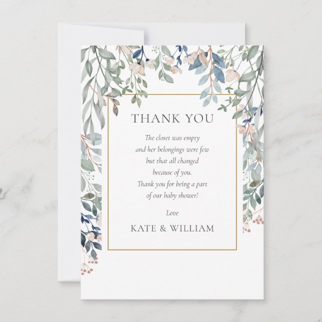 Floral Foliage Baby Shower Poem Thank You Card (Front)