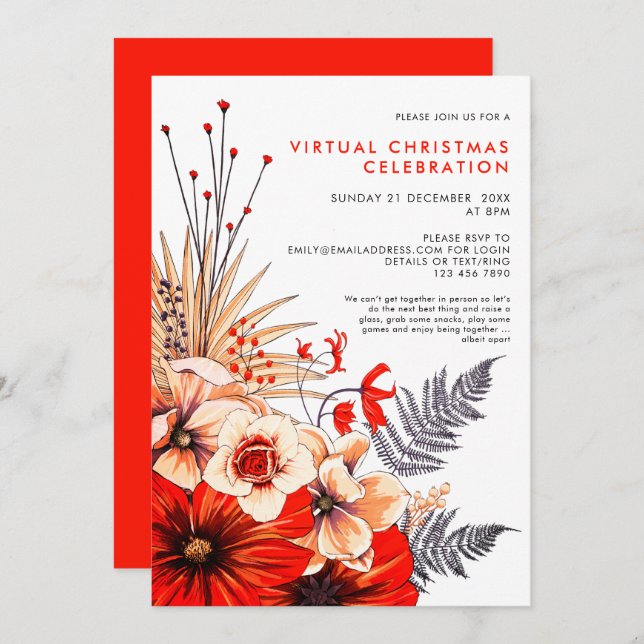 Floral Foliage Berries Virtual Christmas Party Invitation (Front/Back)