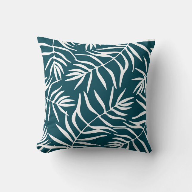 Floral foliage blue white tropical summer cushion (Front)