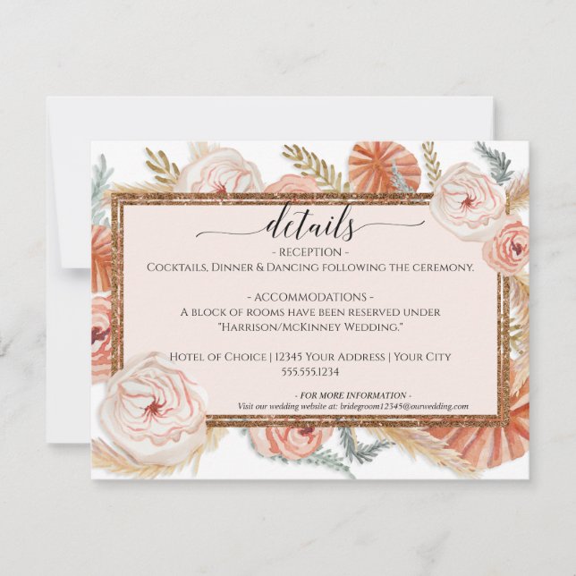 Floral Foliage Boho Desert Pampas Wedding Details Invitation (Front)