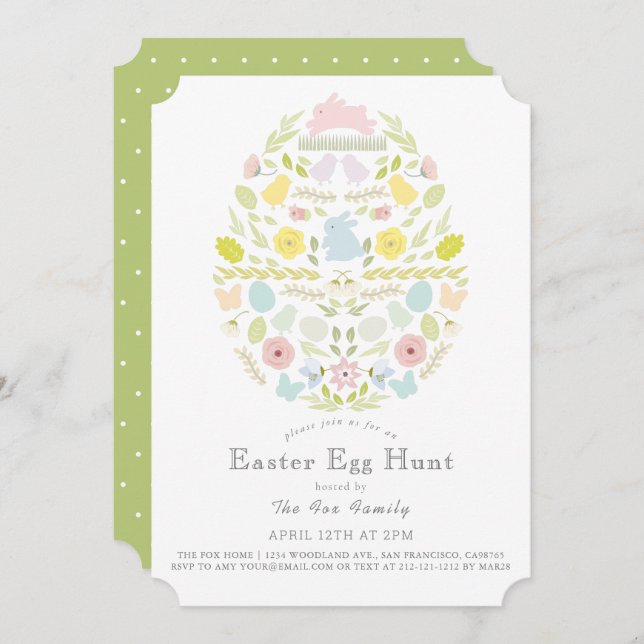 Floral Foliage Bunny Green Easter Egg Hunt Invitation (Front/Back)