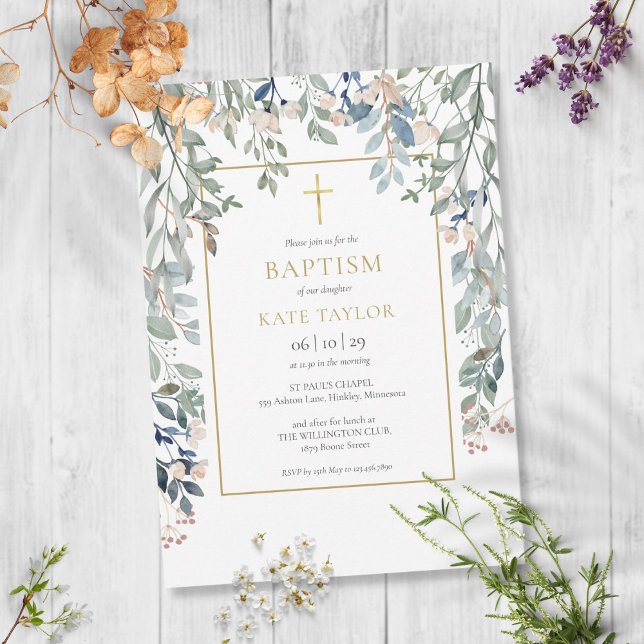 Floral Foliage Elegant Gold Baptism Christening Invitation (Creator Uploaded)