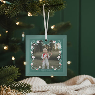 Floral Foliage Elegant Green Photo Name Keepsake Glass Tree Decoration