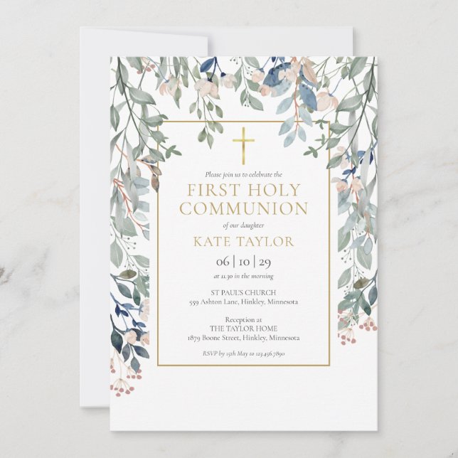 Floral Foliage First Holy Communion Invitation (Front)