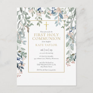 Floral Foliage Gold Cross First Holy Communion Invitation Postcard