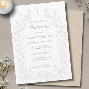 Floral Foliage Leaves Cross Christening Baptism Invitation