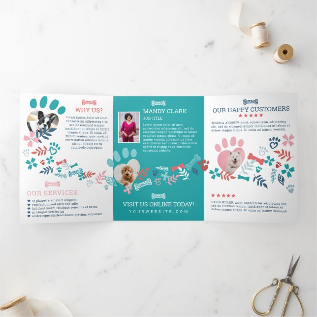 Floral & Foliage Pet Paw Print Pattern Business Tri-Fold Card (Inside)