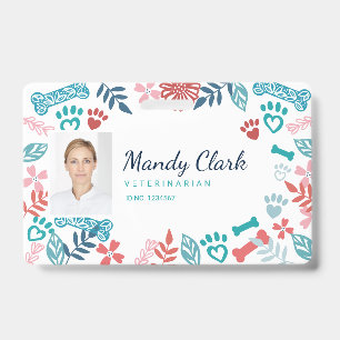 Floral & Foliage Pet Paw Print Pattern Photo ID Badge