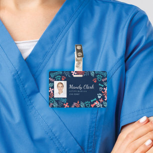 Floral & Foliage Pet Paw Print Pattern Photo ID ID Badge