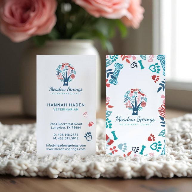 Floral & Foliage Pet Paw Print Pattern Tree White Business Card (Floral & Foliage Pet Paw Print Pattern Tree White Business Card)